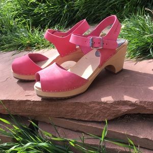 Pink Suede Peep Toe Clogs